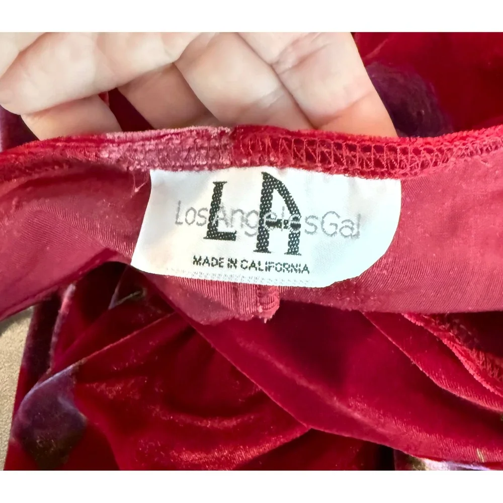 Los Angeles Gal Womens M Maxi Dress‎ Burgundy Velvet Floral 3/4 Sleeve Vintage